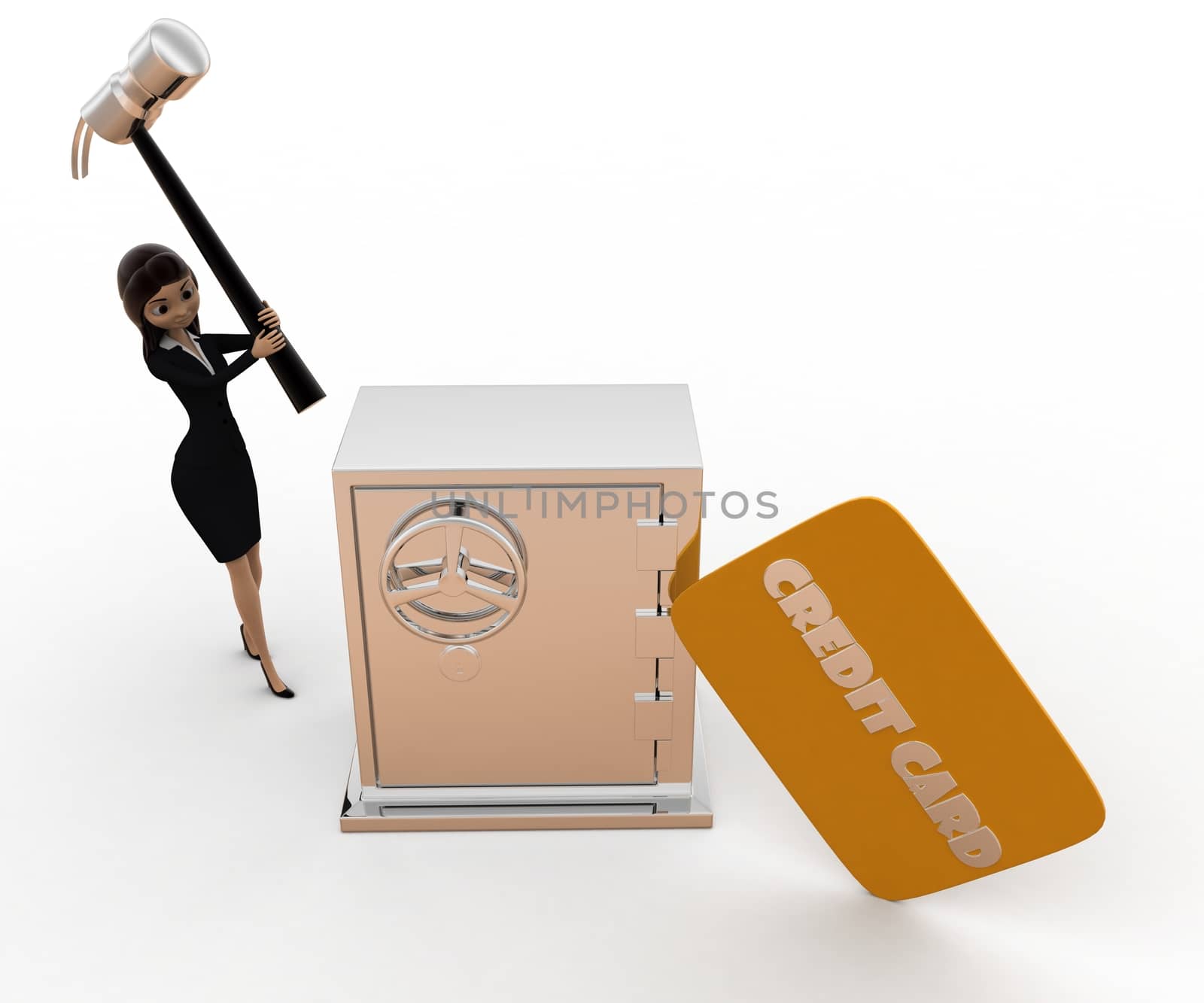 3d woman hit lock with hammer and credit card concept on white background, front angle view