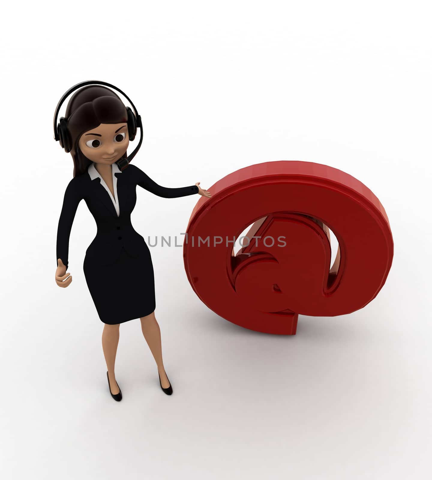 3d woman waering headphone and with mail icon concept on white background, top angle view