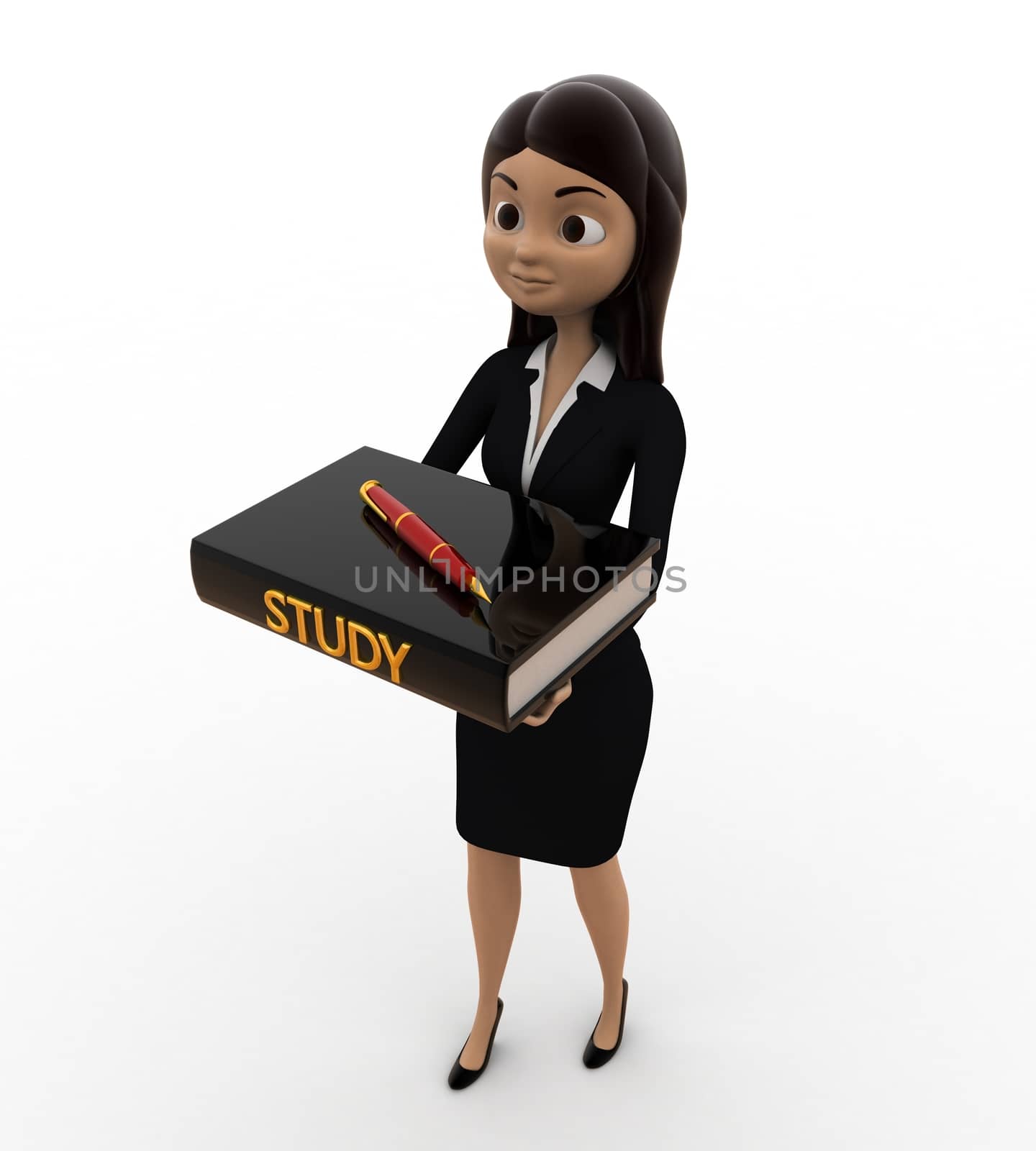 3d woman holding study materials in hands concept on white background, side angle view