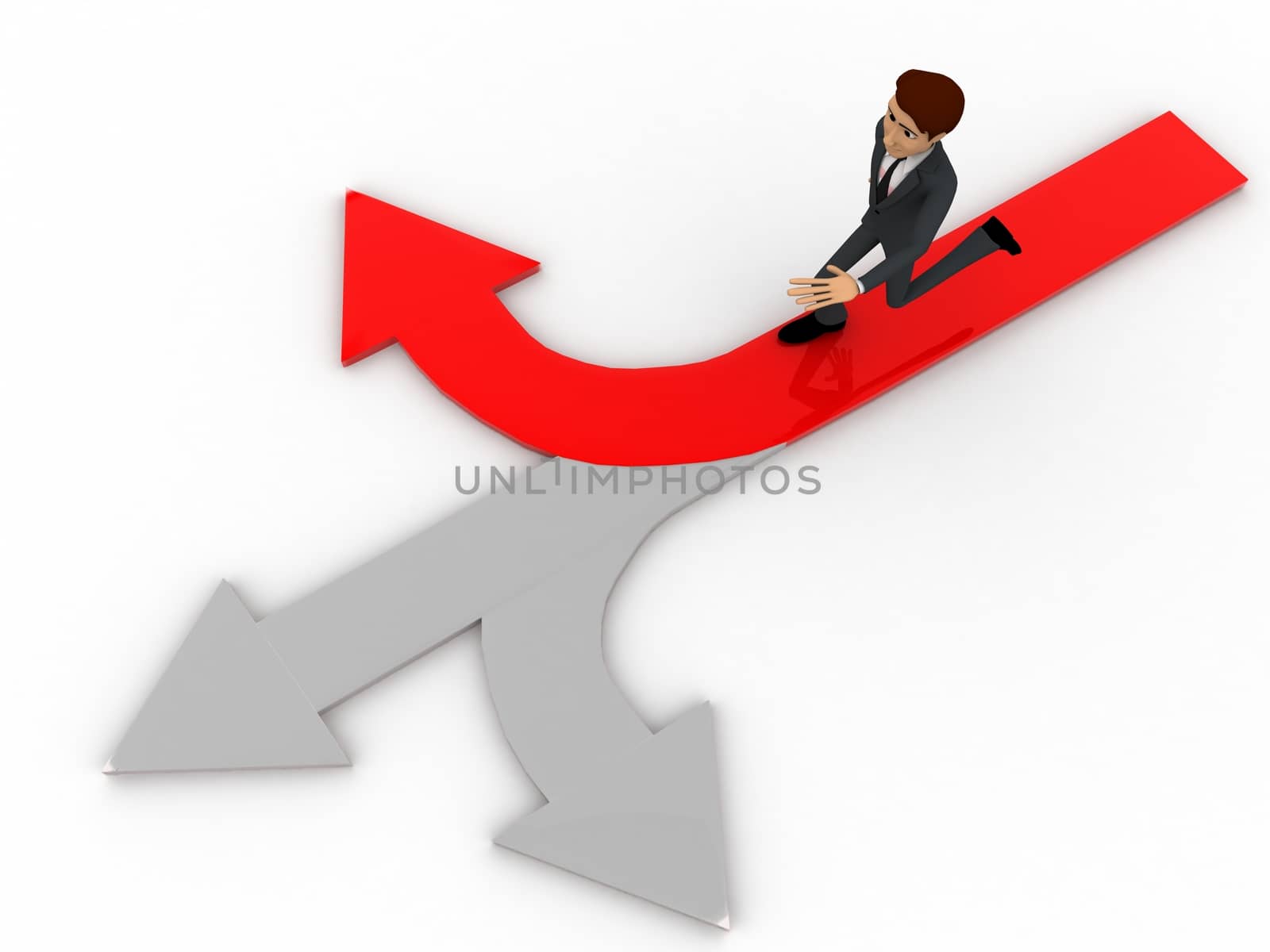 3d man chossing the right path / different path concept on white isolated background , top angle view 