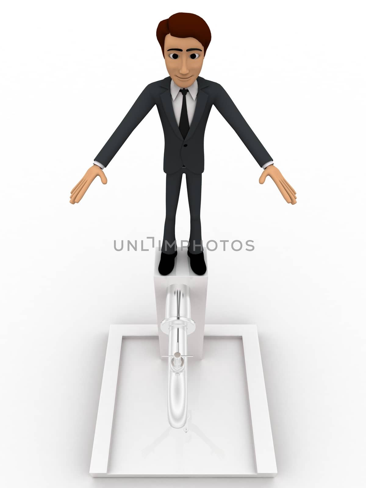 3d man standing on top of public tap concept  on white isolated background , front angle view 