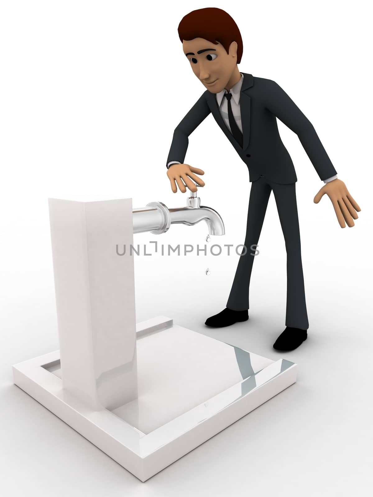 3d man trying to open public tap concept  on white isolated background , side angle view 