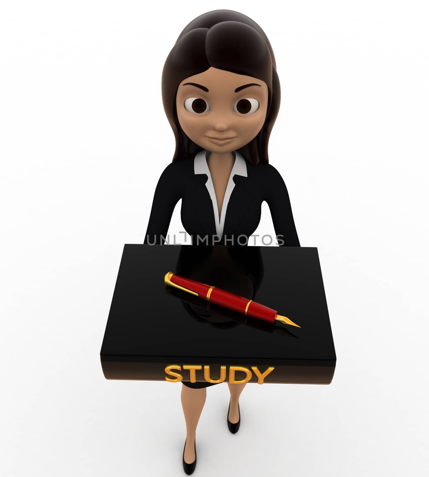 3d woman holding study materials in hands concept on white background, front angle view