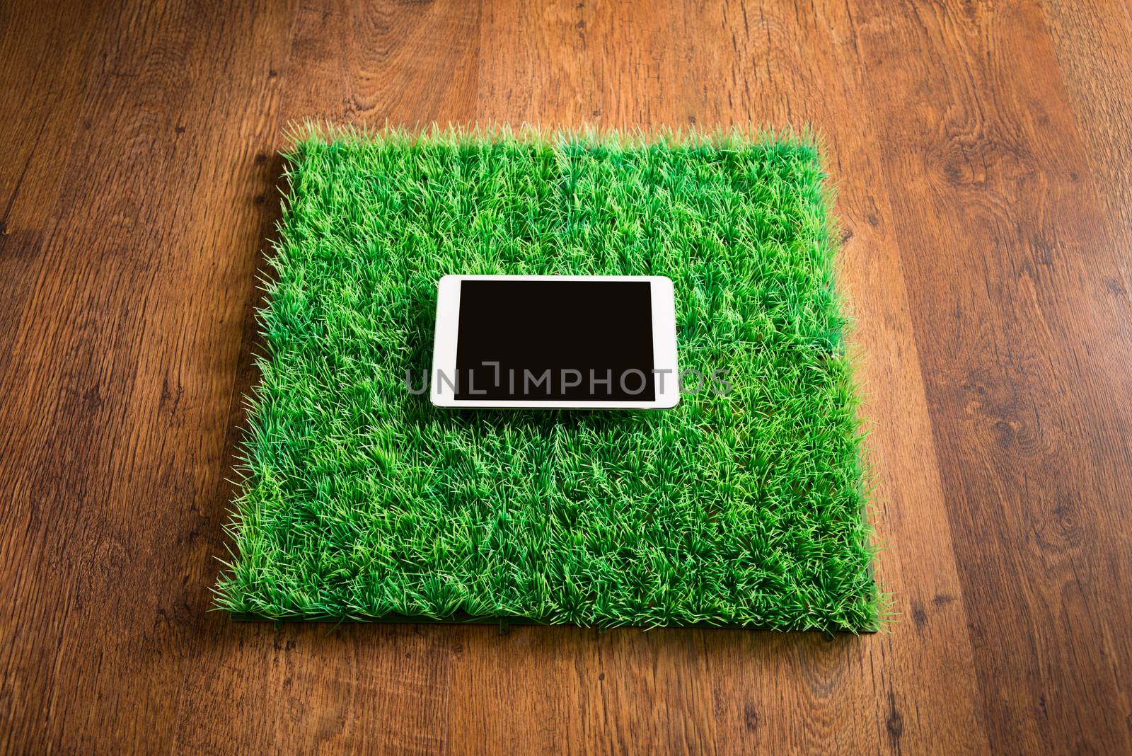 Blank ipad on squared artifical grass tile lying on hardwood floor.