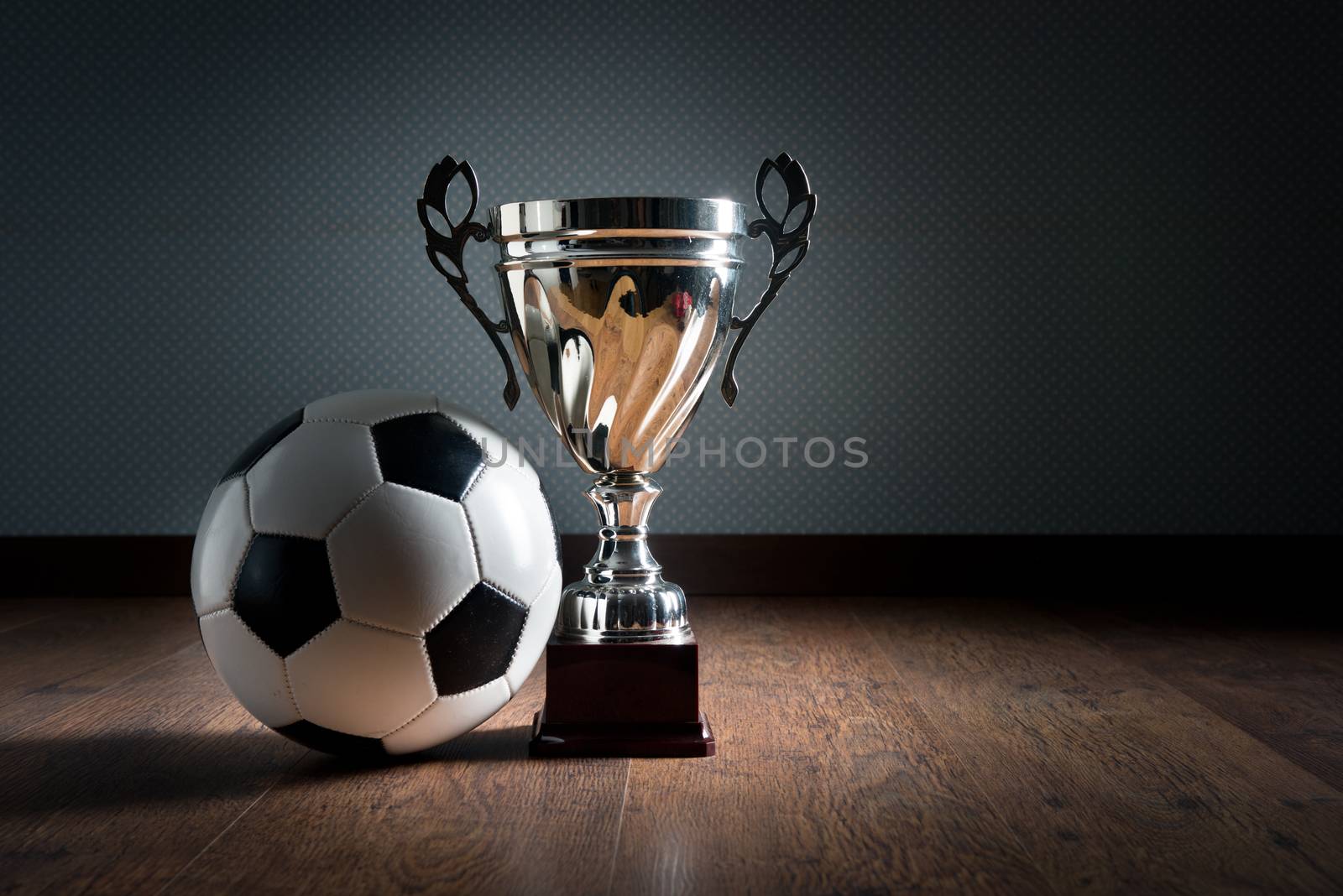 Gold cup trophy and soccer ball on hardwood floor, winning concept.