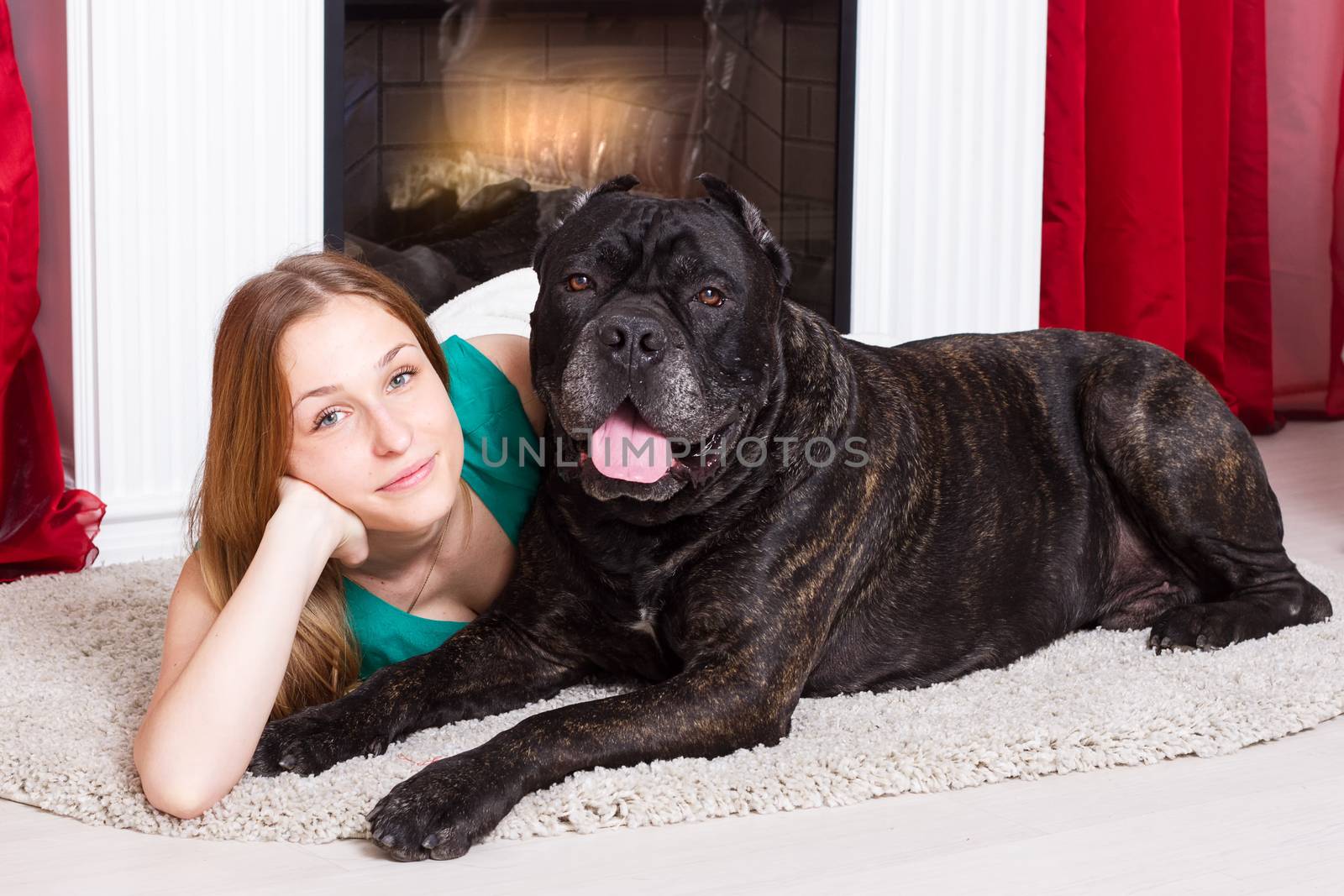 Girl lying near the fireplace with a dog Cane Corso. Horizontal framing