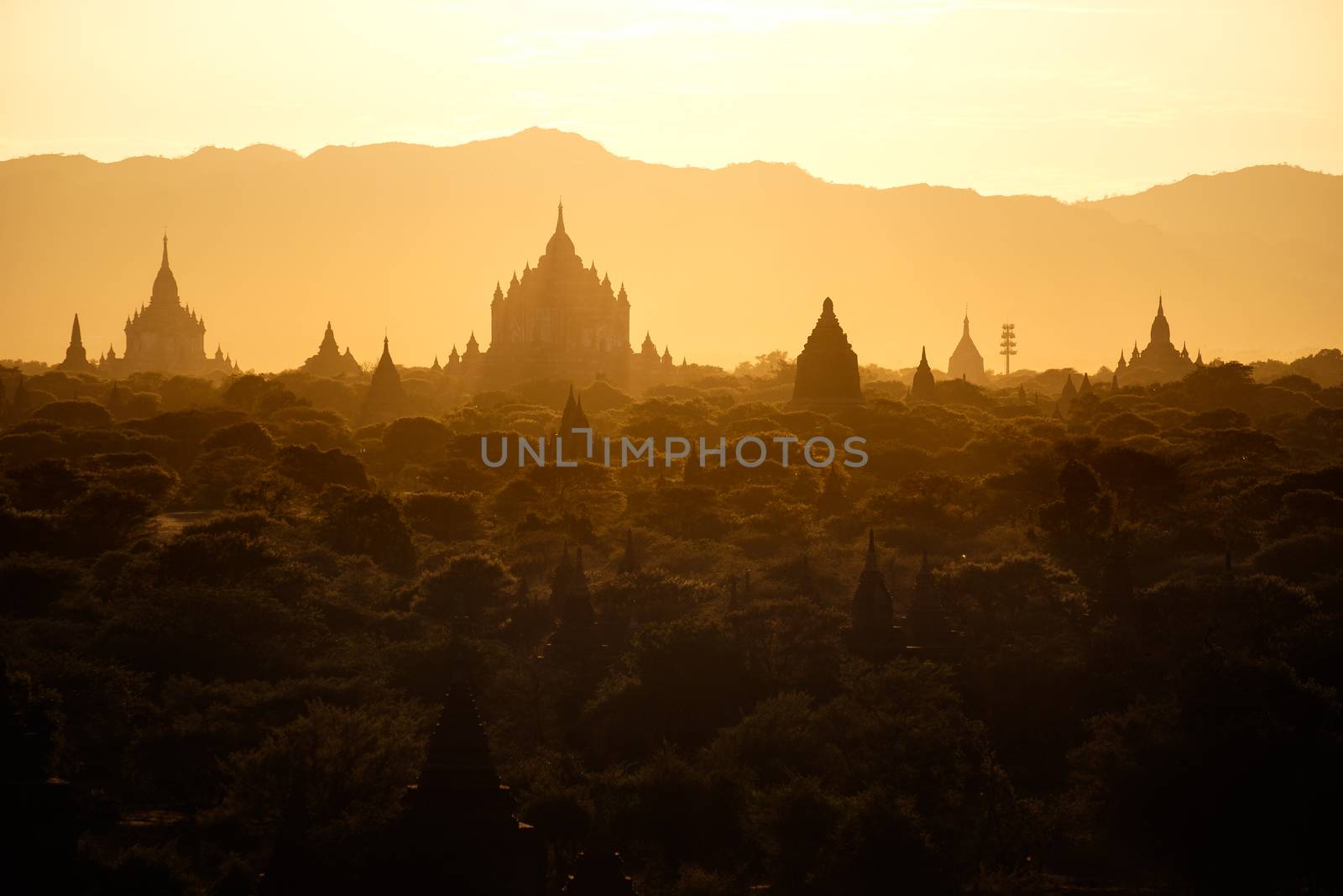 Beautiful golden sunset landscape view with ancient temples at Bagan, Myanmar