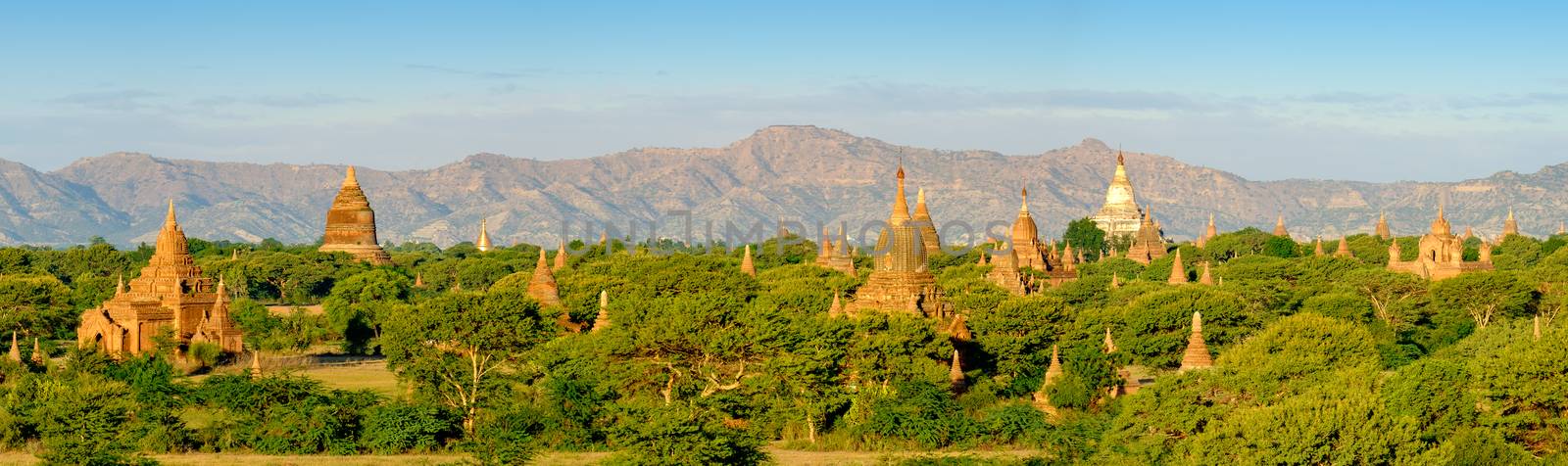 Panoramic landscape view of sunrise with ancient temples at Baga by martinm303