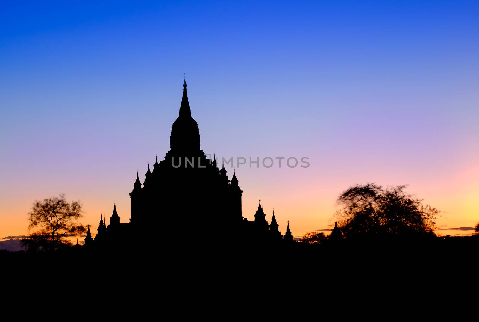 Scenic view of ancient Sulamani temple silhouette at dusk, Bagan by martinm303