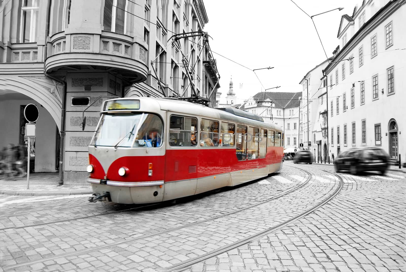 Old tram on Prague street.