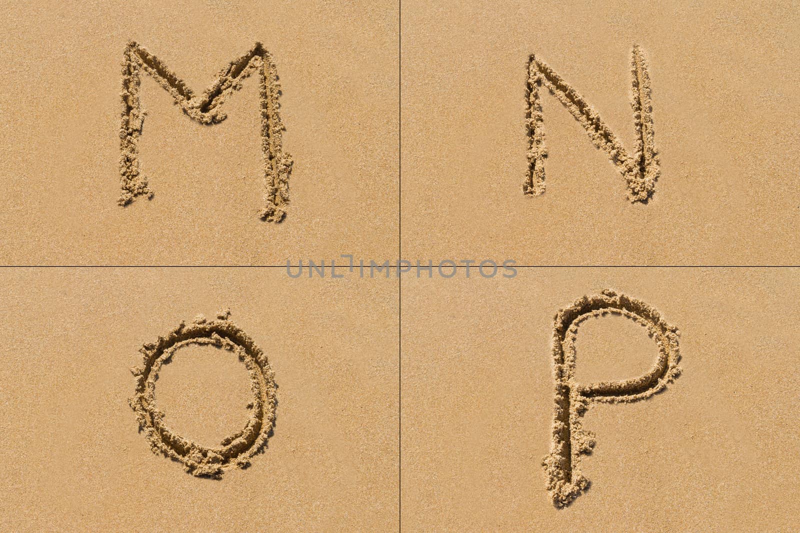 Conceptual set of M N O P letter of the alphabet written on sand with upper case.