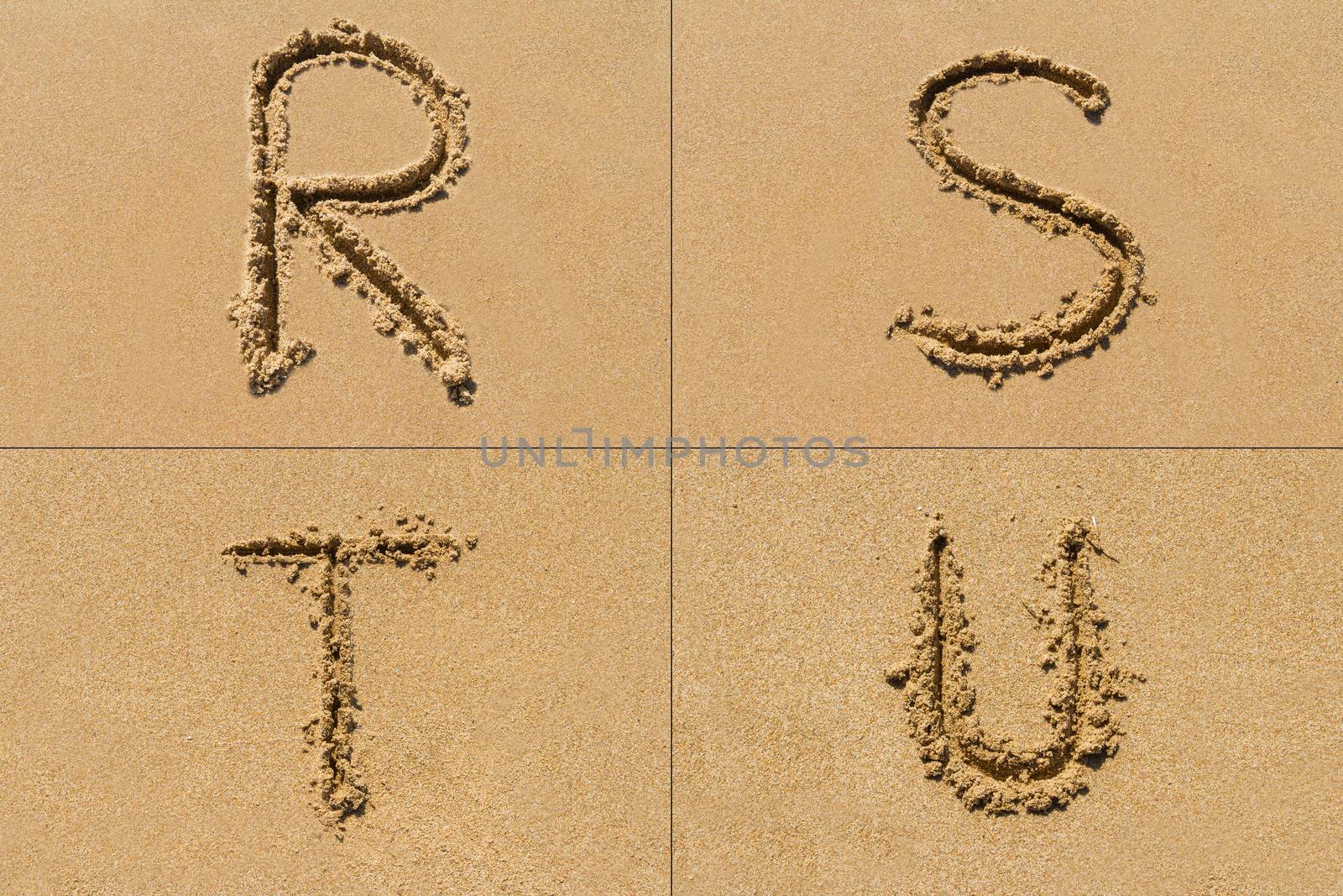 Conceptual set of R S T U letter of the alphabet written on sand with upper case.