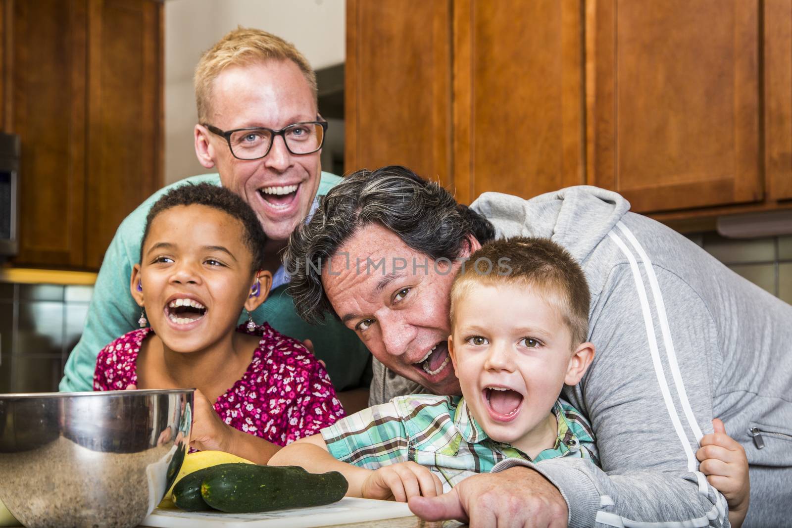 Laughing Family with Gay Dads in Kitchen by Creatista