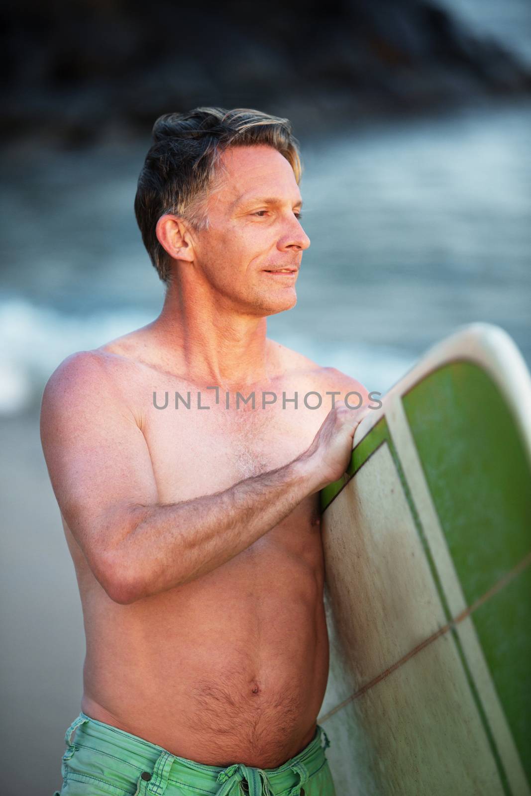 Confident Man with Green Surfboard by Creatista