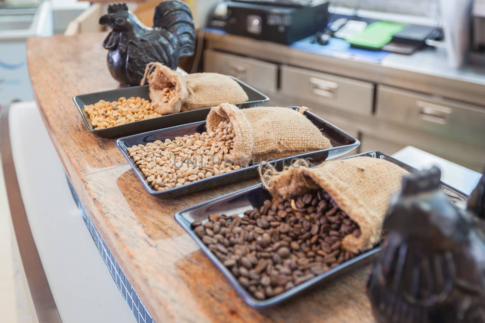 sack of coffee grains on table