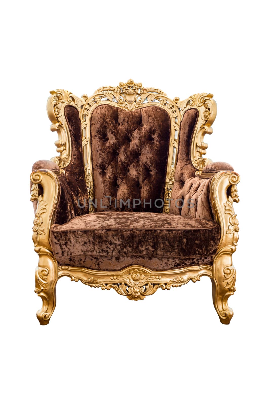 Old vintage brown velvet classic armchair with gold color isolat by FrameAngel