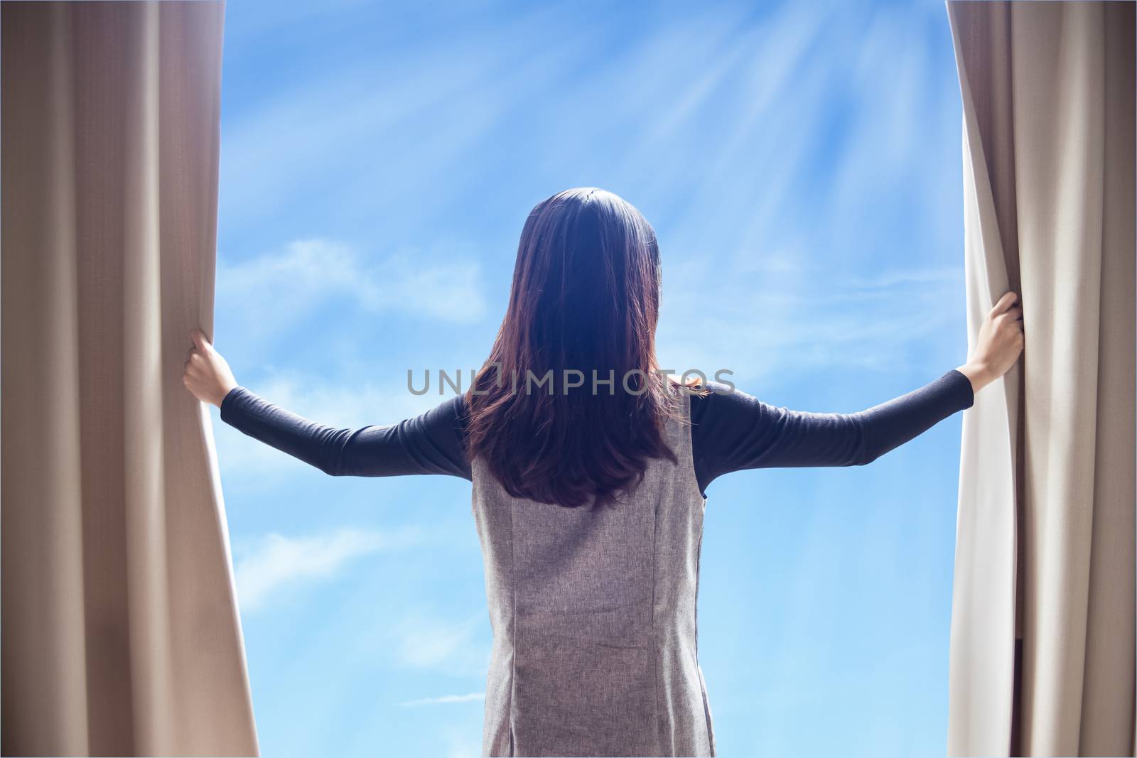 Asian portrait beautiful woman opening curtains and cloud blue s by FrameAngel