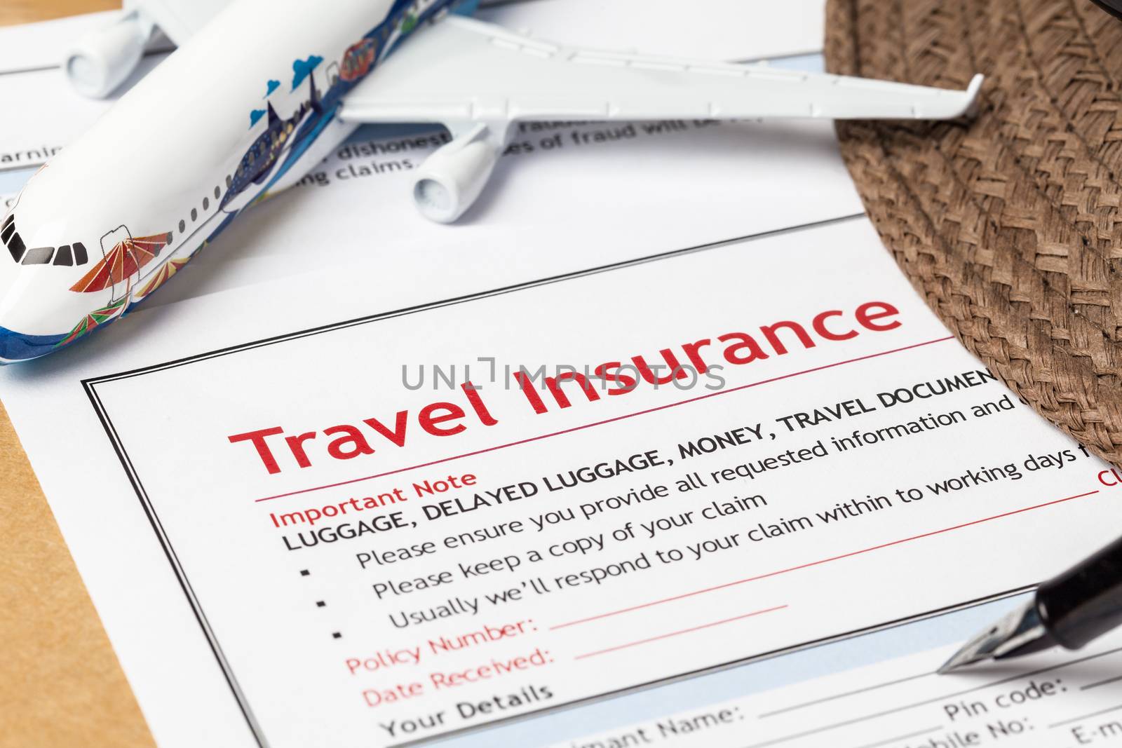 Travel Insurance Claim application form and hat with eyeglass an by FrameAngel