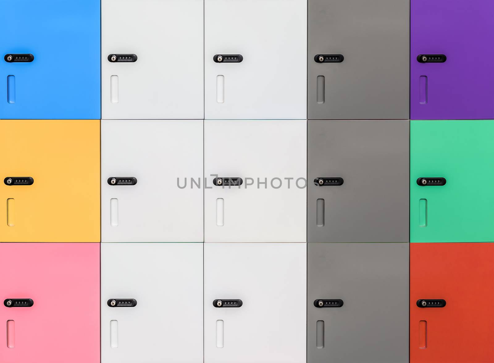 row of colorful lockers and security password code on door for safety concept