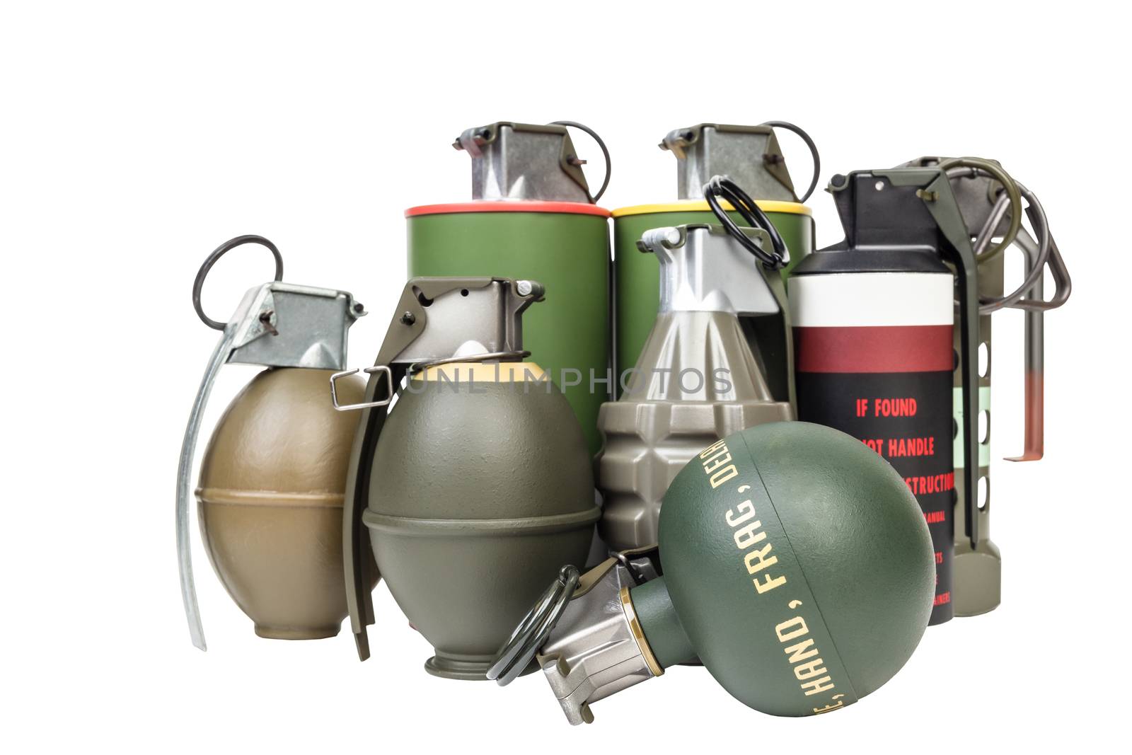 All explosives, weapon army,standard timed fuze, hand grenade on white background