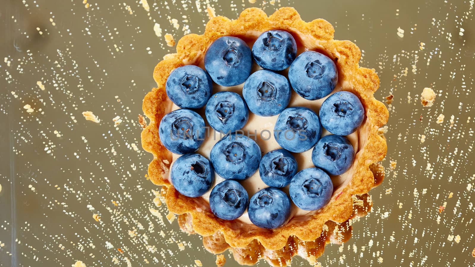 Tartlet with fresh blueberries. Background with copy space.