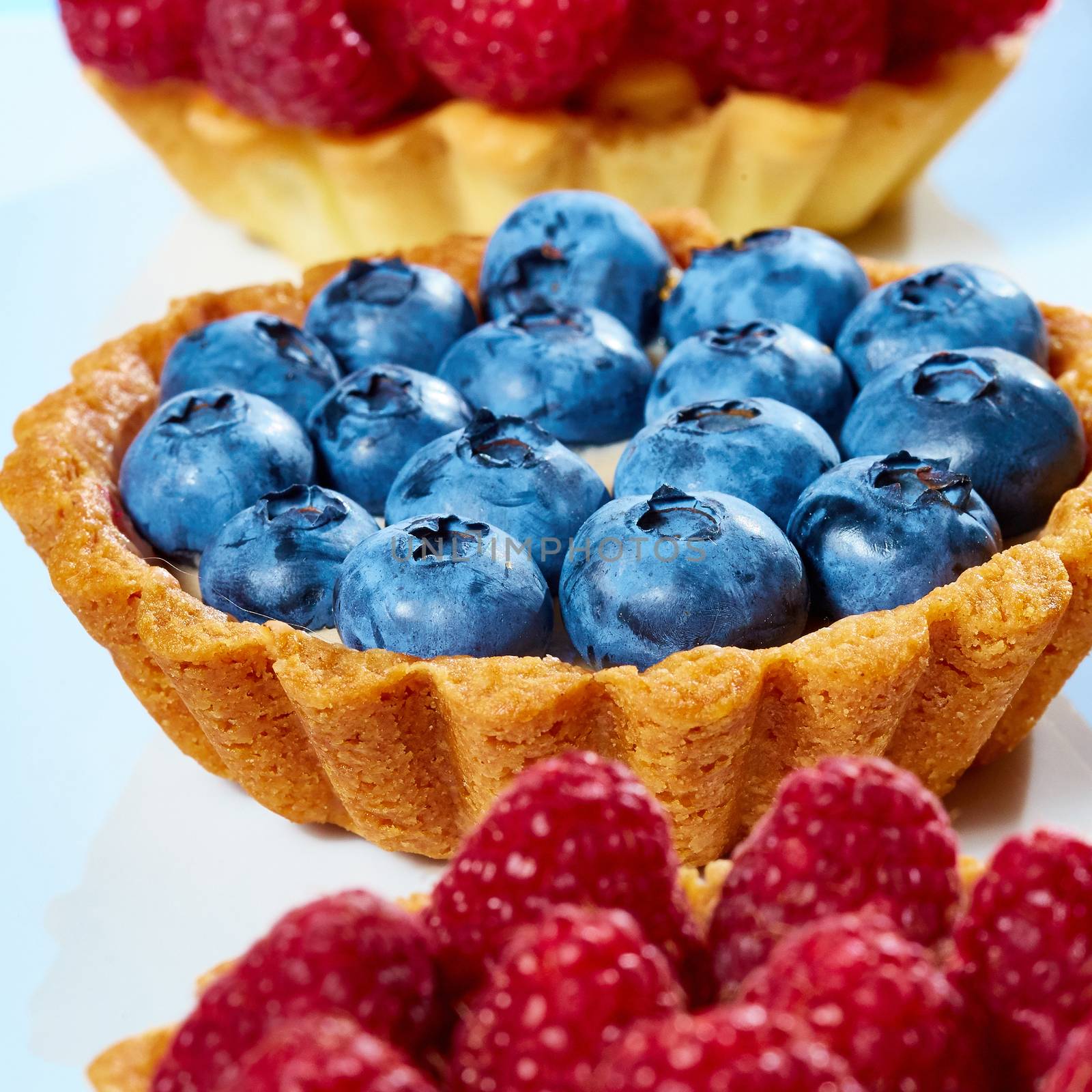 fruit tartlets with raspberries and blueberries. with copy space