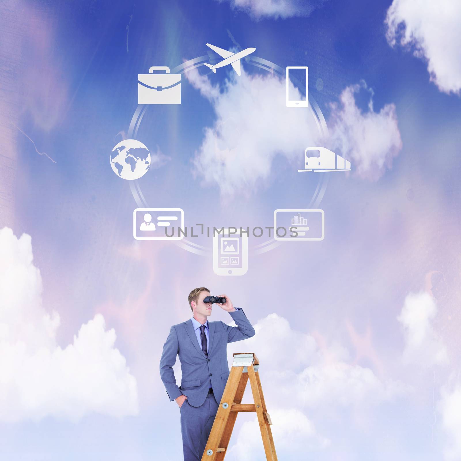 Businessman looking on a ladder against blue and purple sky