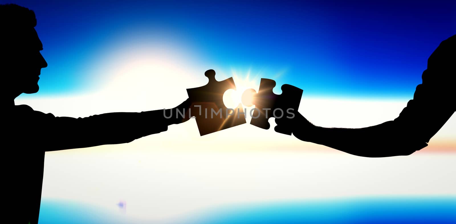 Businessman holding his hand out against blue and white sky
