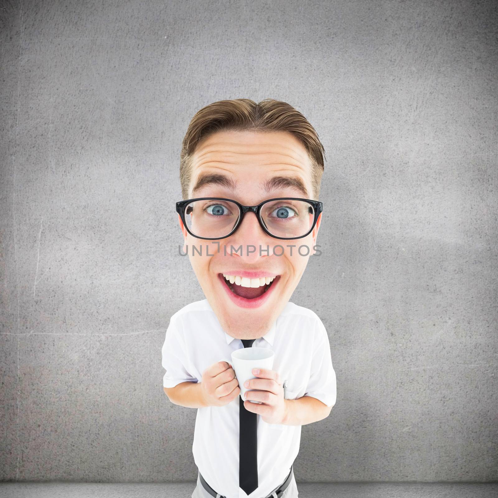 Geeky businessman with mug against grey room