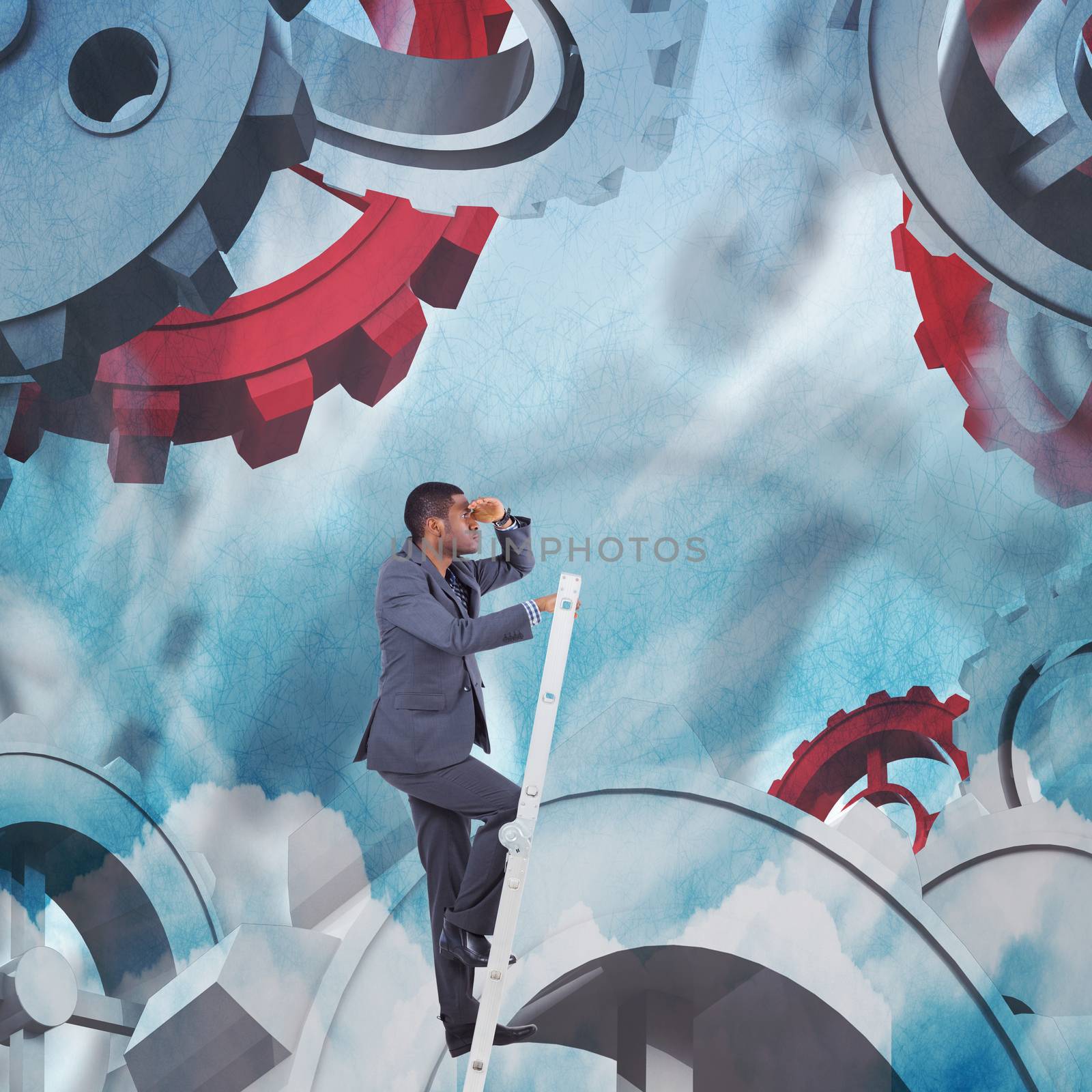 Businessman standing on ladder looking against blue sky