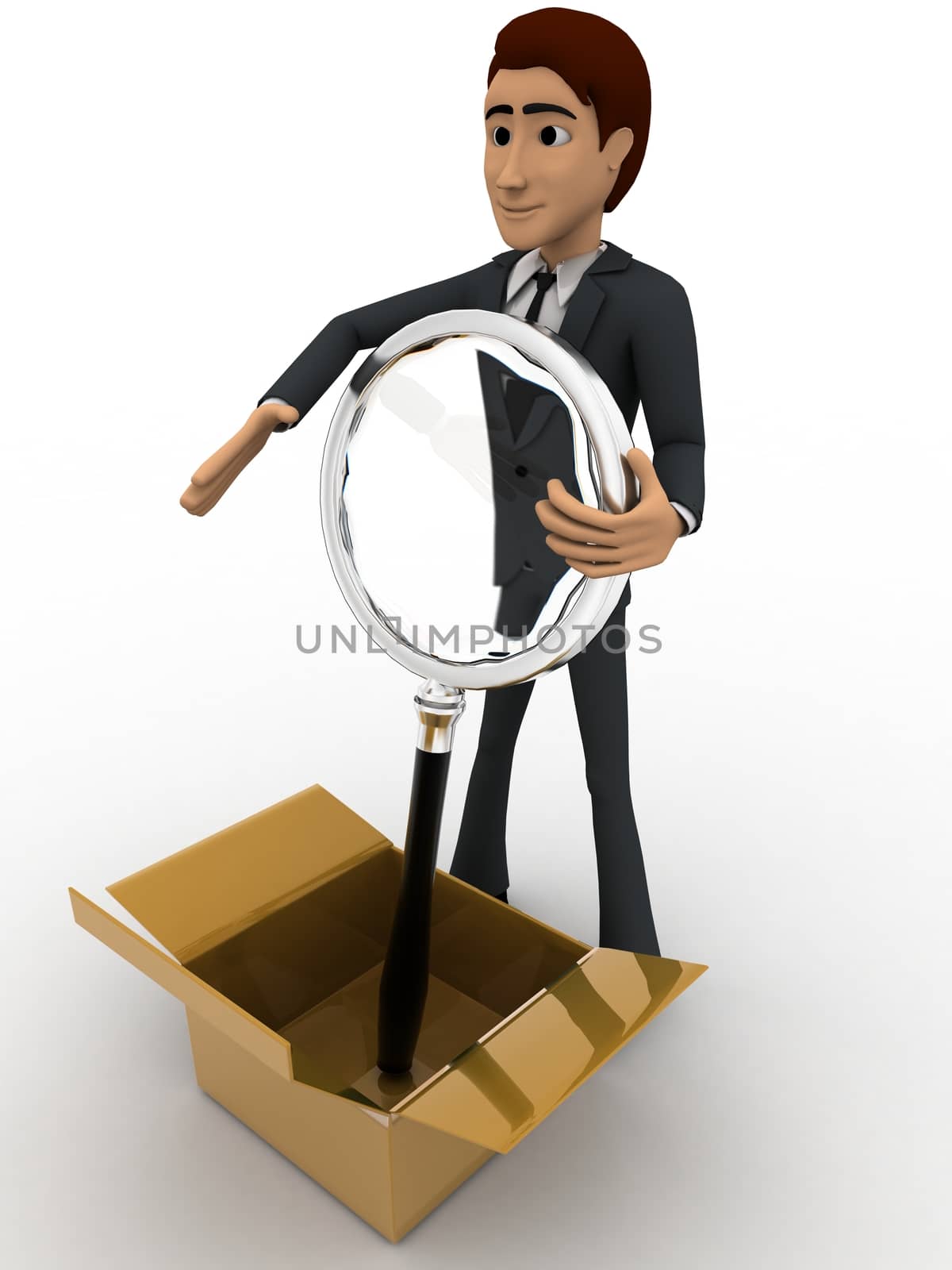 3d man take magnifying glass from box concept on white background, front angle view