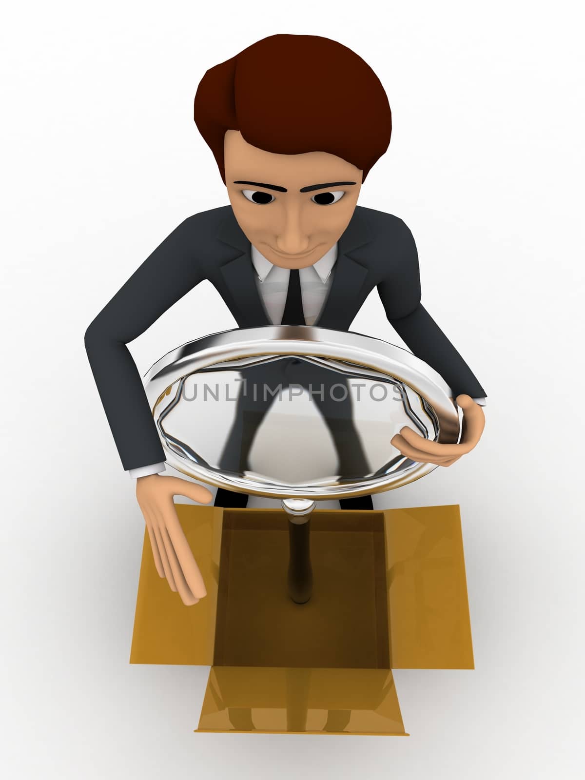 3d man take magnifying glass from box concept on white background, top angle view