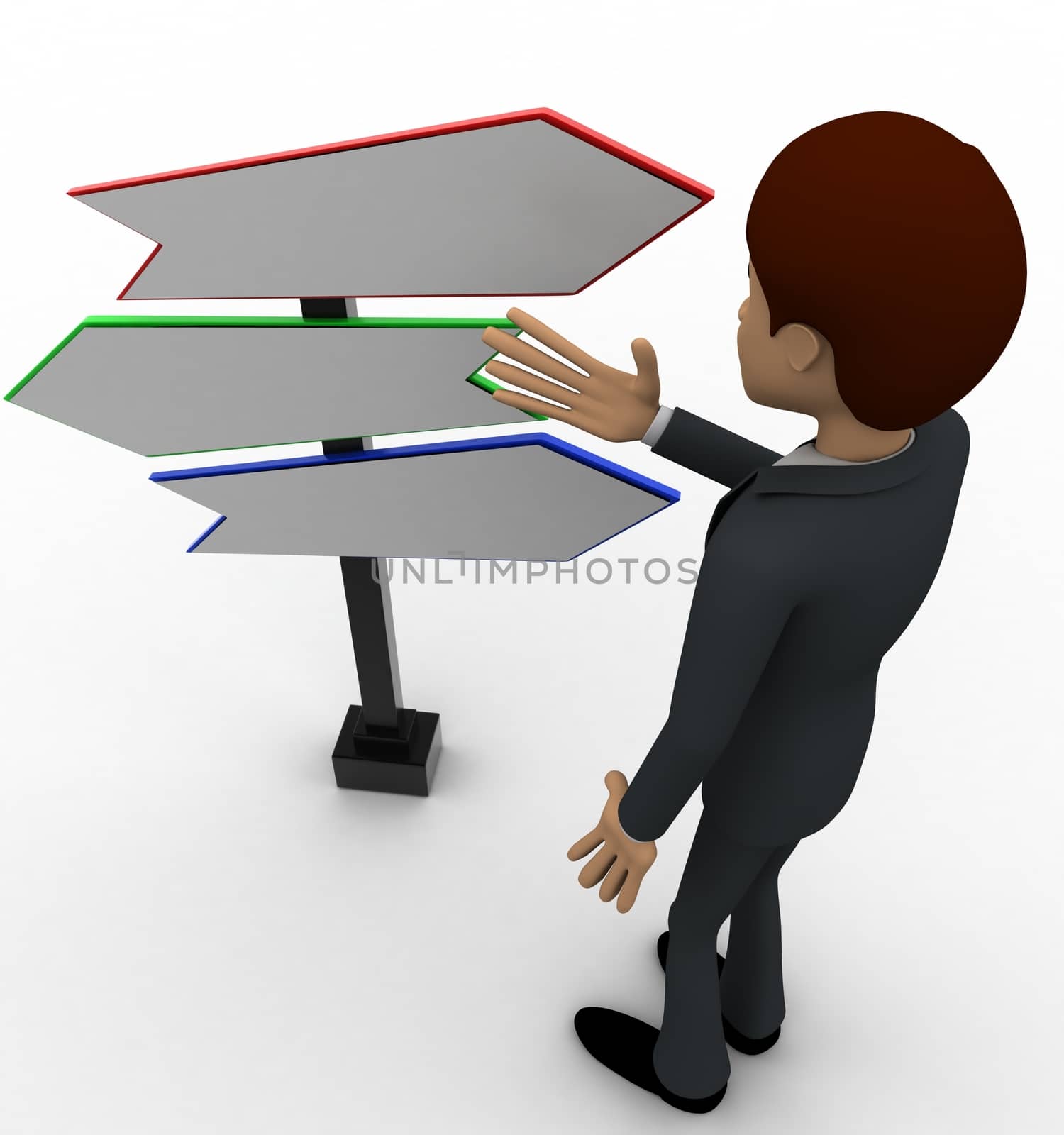 3d man looking for direction on road sign concept on white background, top angle view