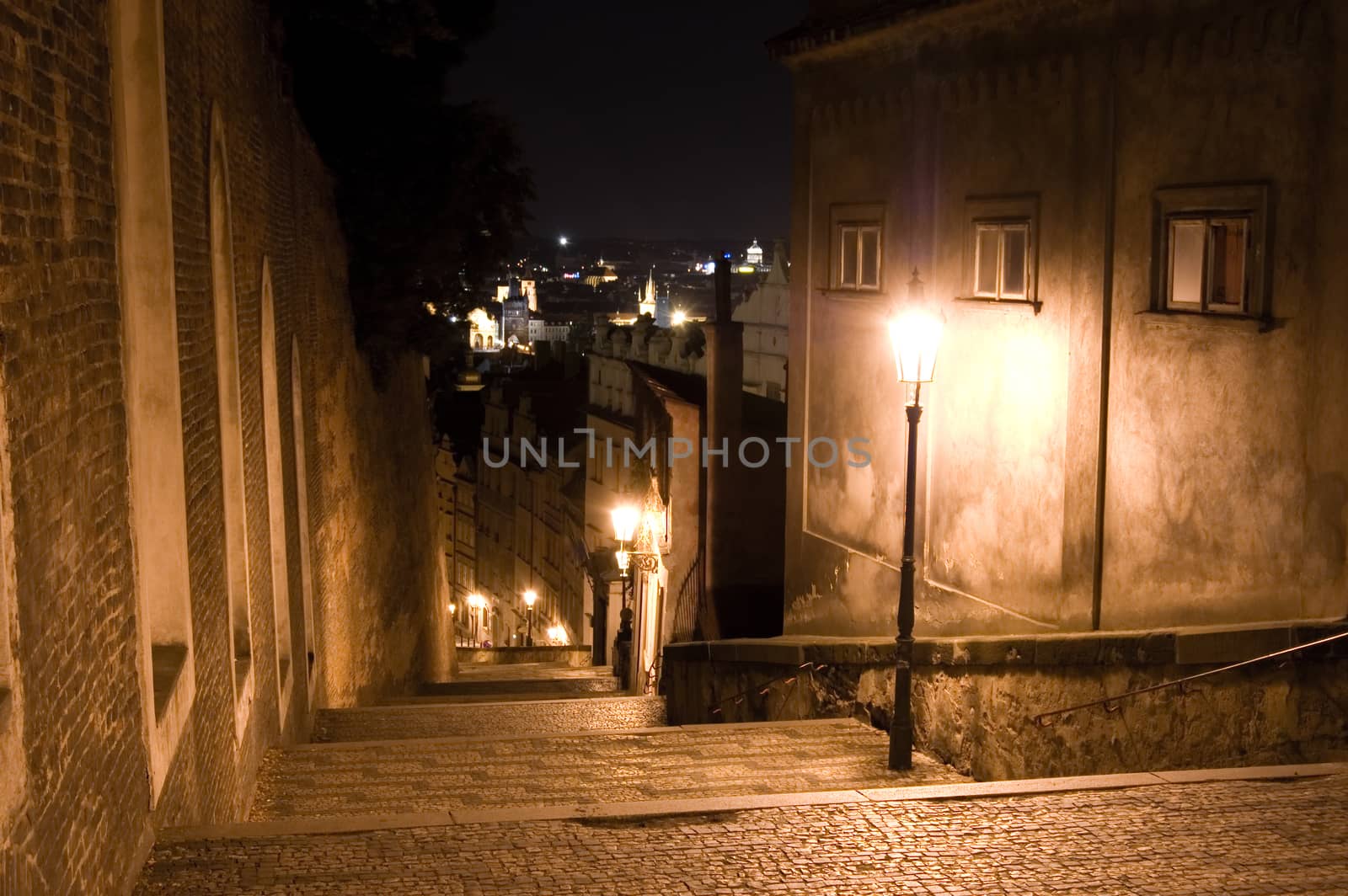 Old streets of Prague at night.