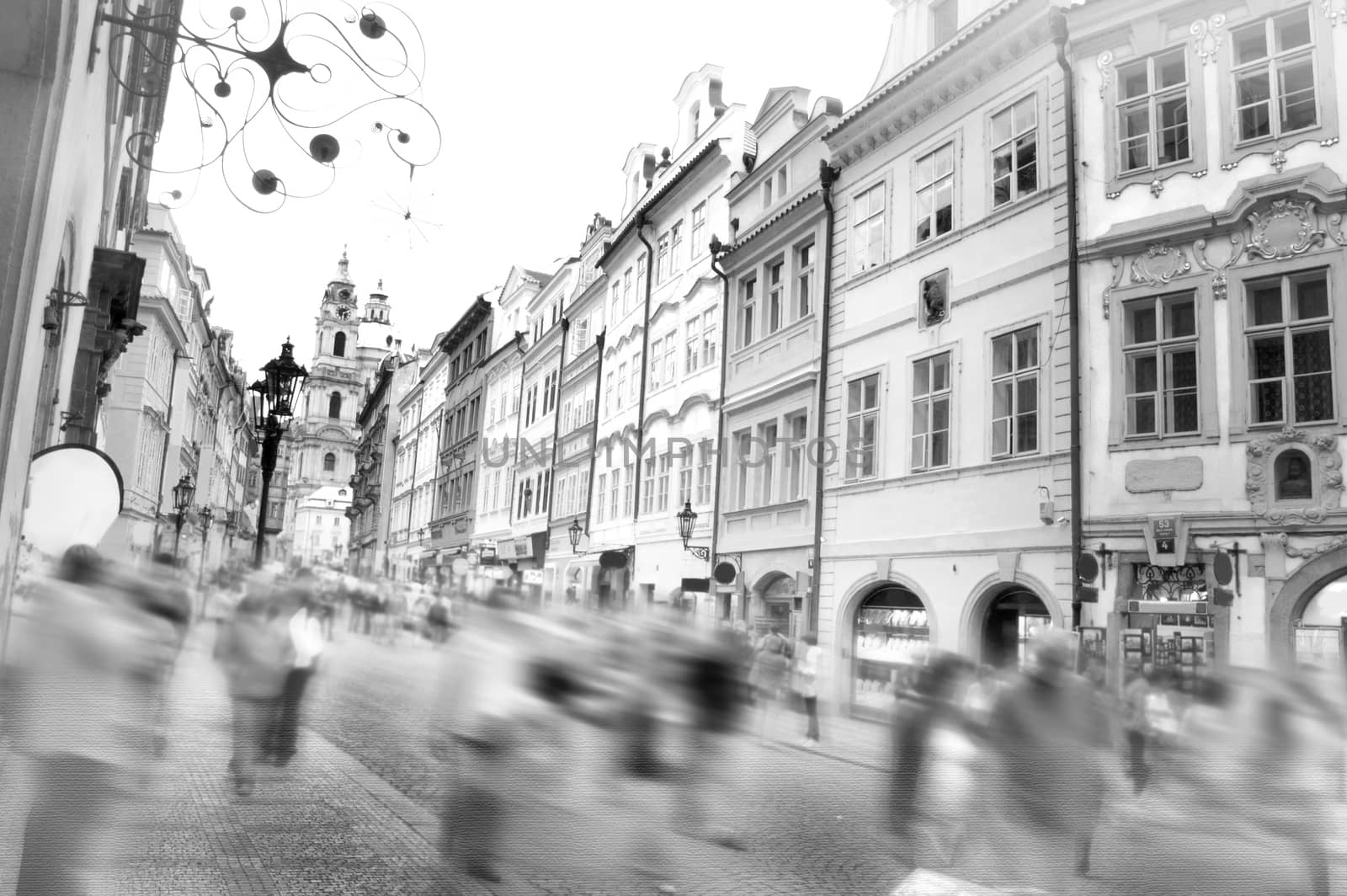 Crowd of people in streets of Prague. Photo in retro vintage style.