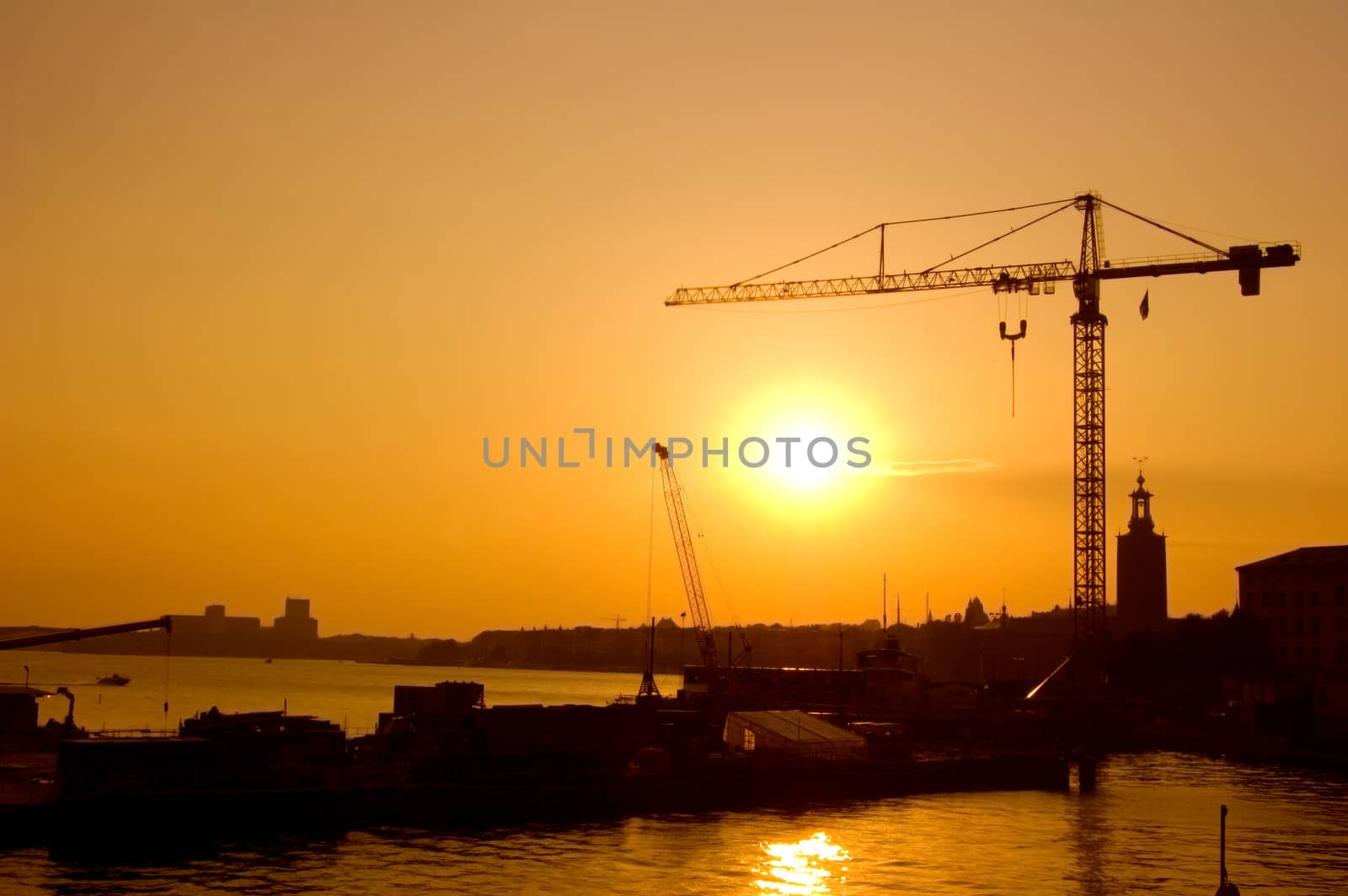 Industrial landscape. Construction cranes against sunset.