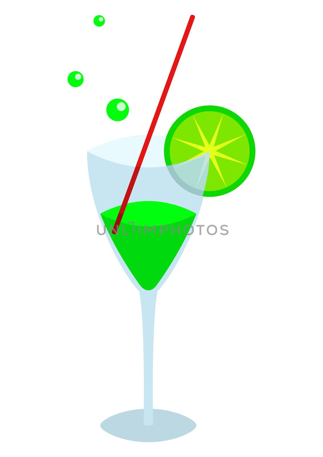 Transparent glass with a kiwifruit, straw and green sparkling drink