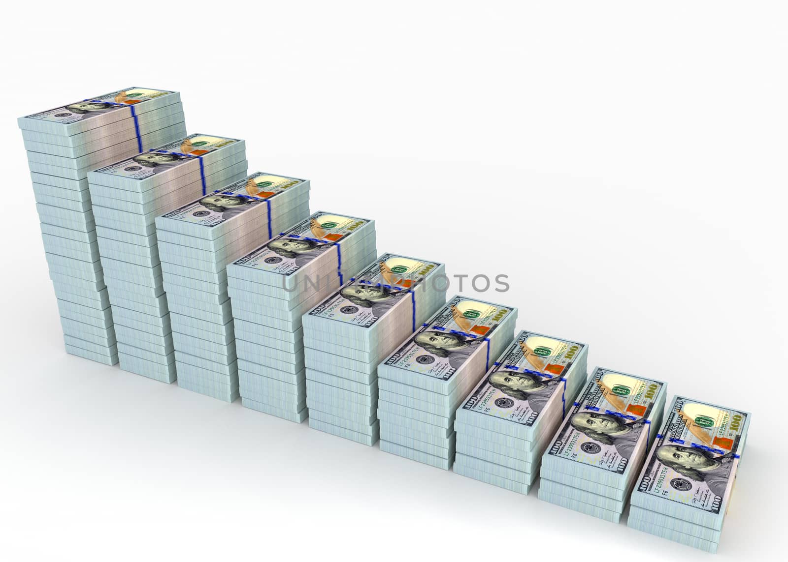 Big money stacks from dollars with blank background for text
