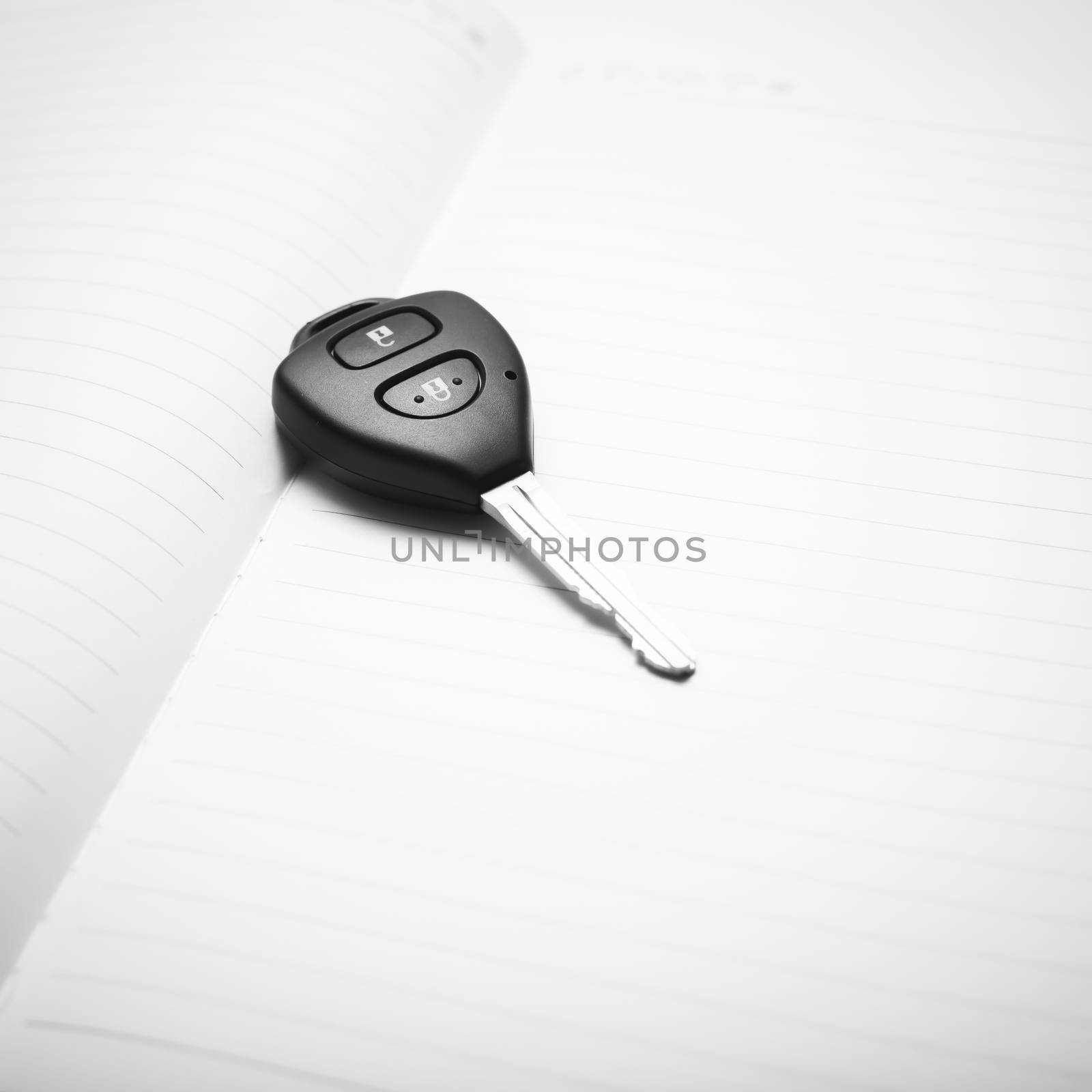 car key on notebook paper black and white color tone style