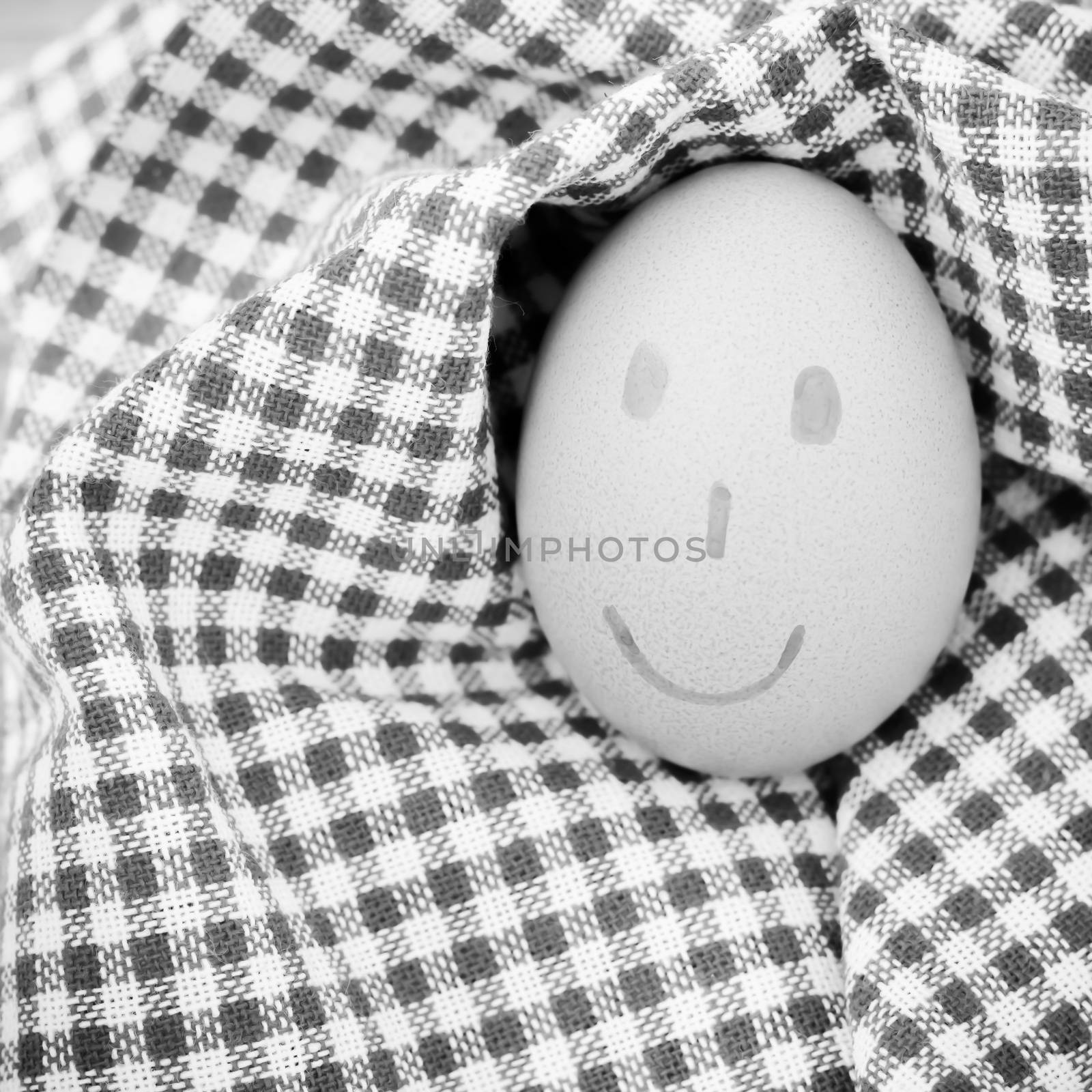 smile love egg couple in brown kitchen towel on wood table black and white color tone style