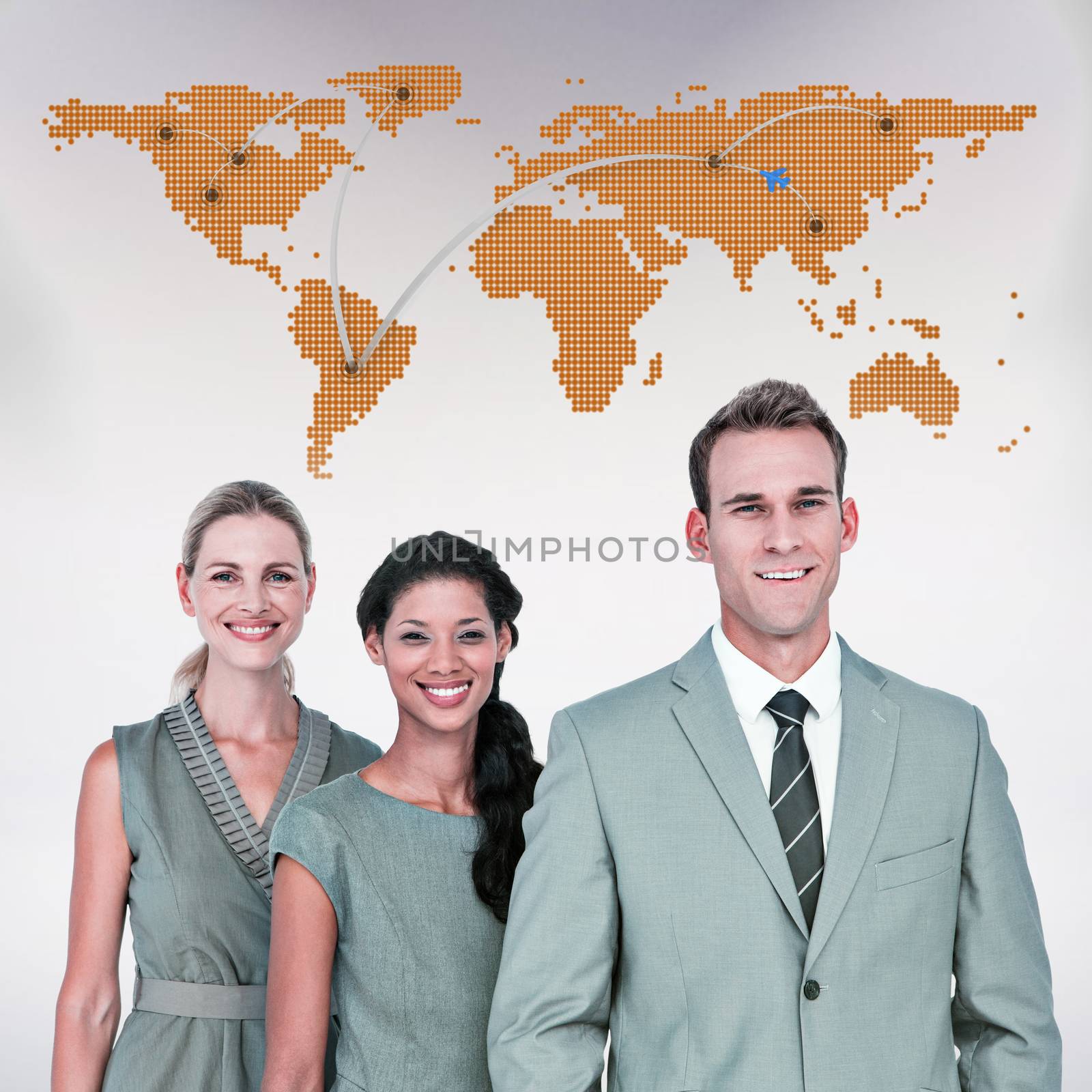 Composite image of happy business team smiling at camera  by Wavebreakmedia