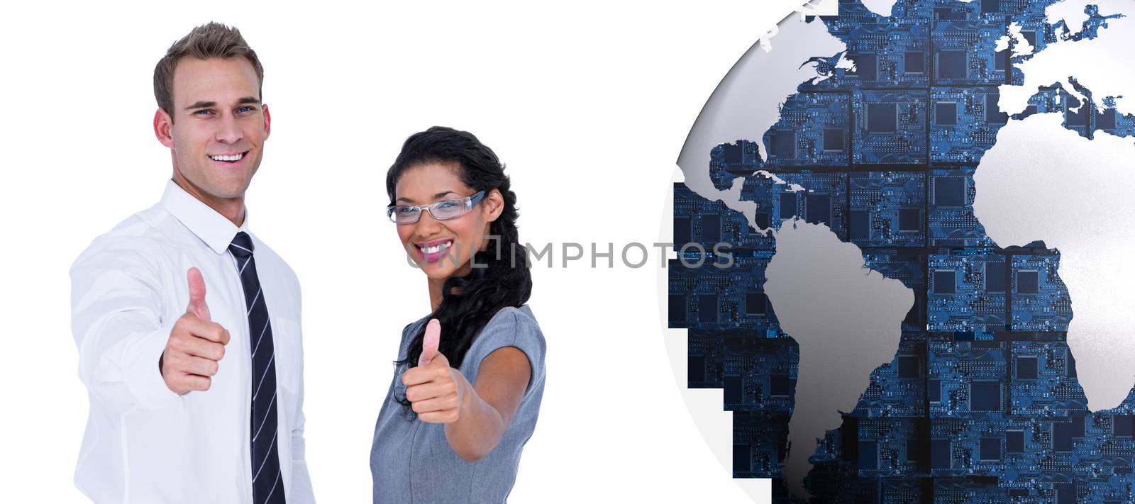 Happy business people looking at camera with thumbs up  against circuit board earth