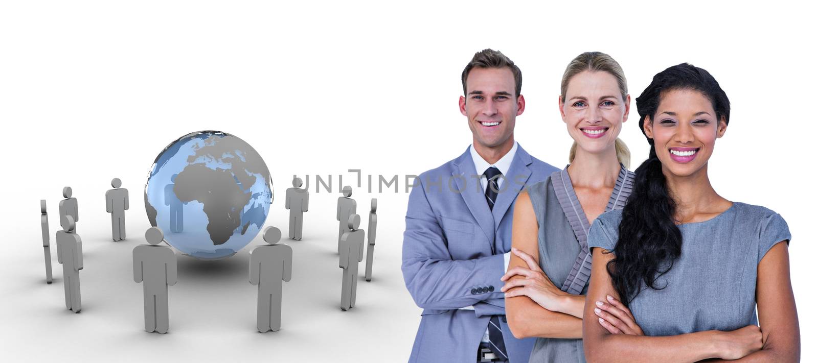 Happy business team smiling at camera  against figures around earth