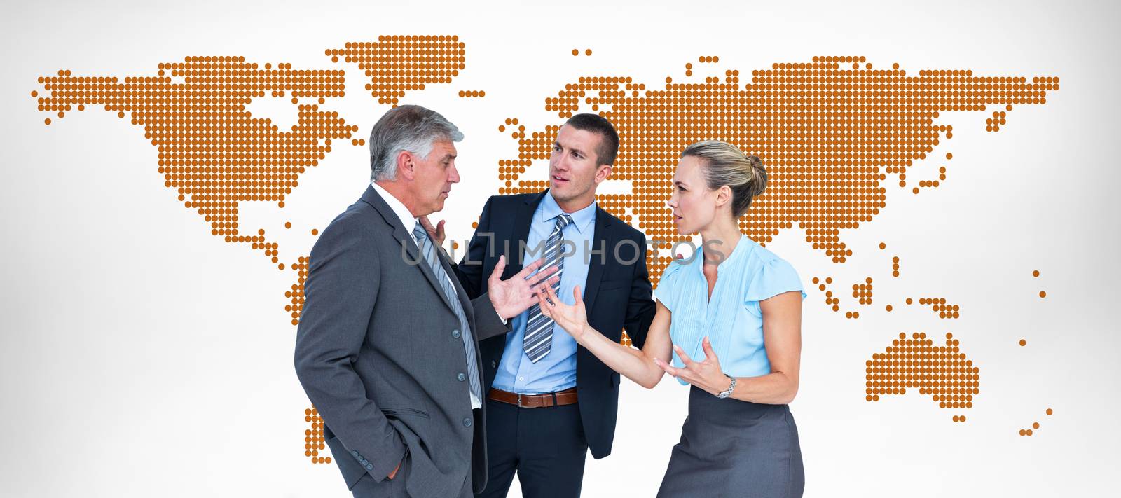 Business people having a disagreement against orange world map on white background