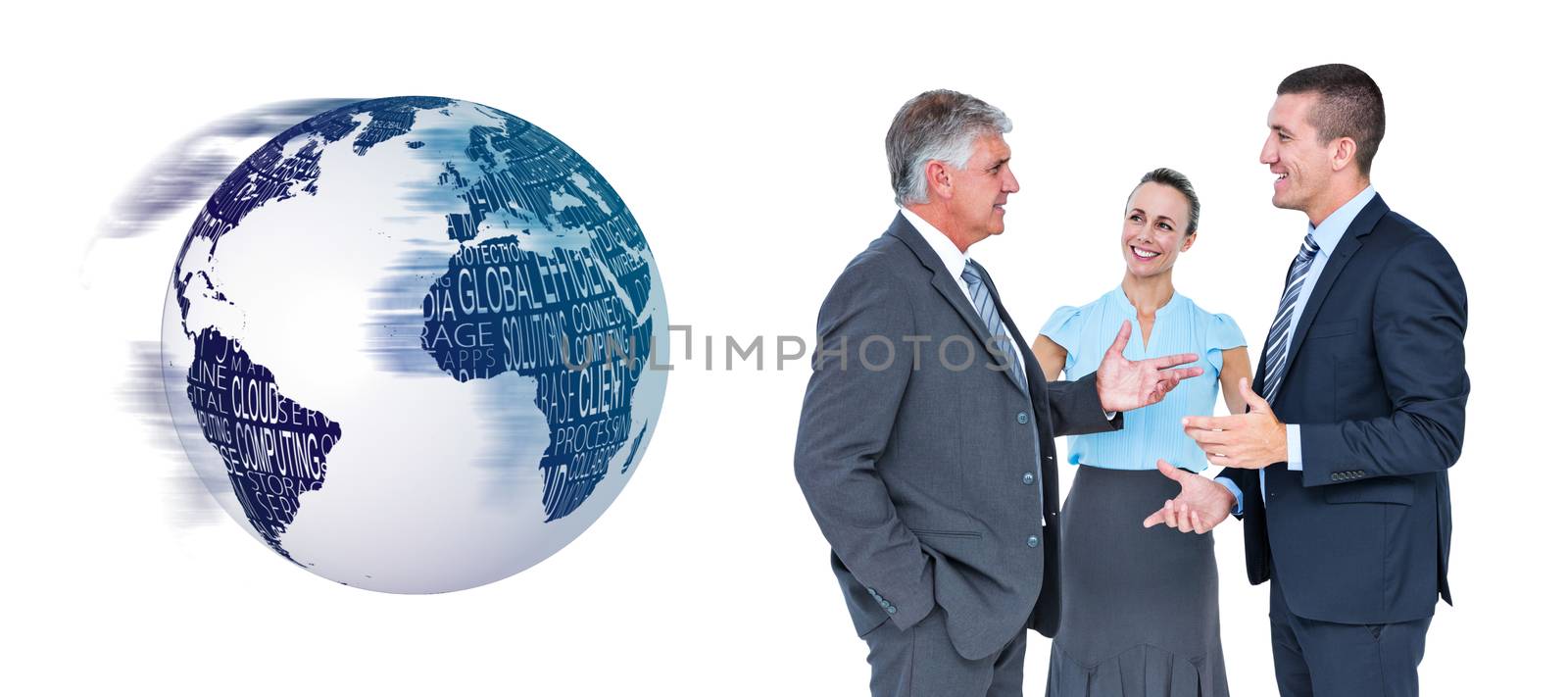 Business people standing and talking against black and white earth