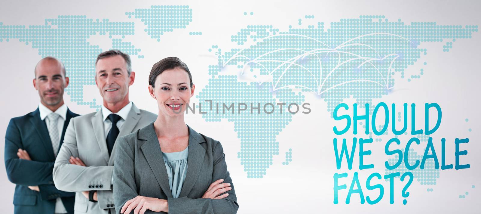 Business colleagues smiling at camera against world map 