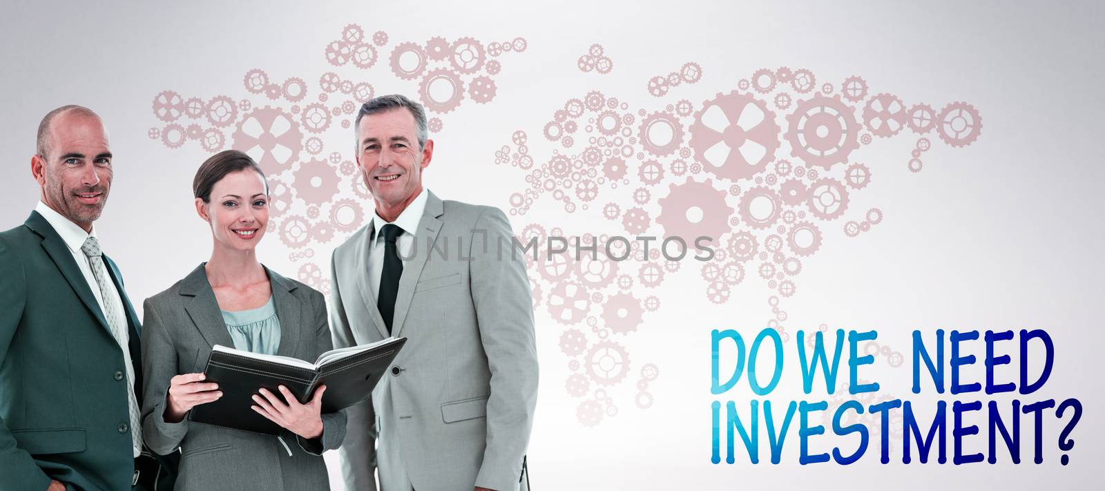 Businesswoman showing her notes to her colleagues and smiling at the camera  against grey background