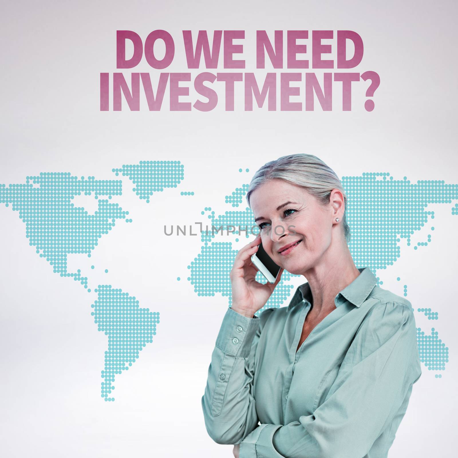 Smiling businesswoman having a phone call against green world map on white background