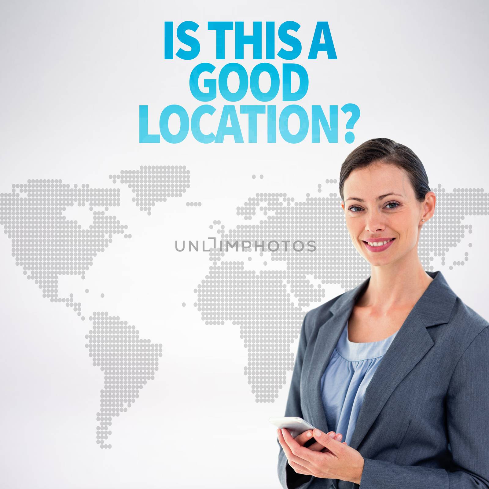 Businesswoman with phone against orange world map on white background