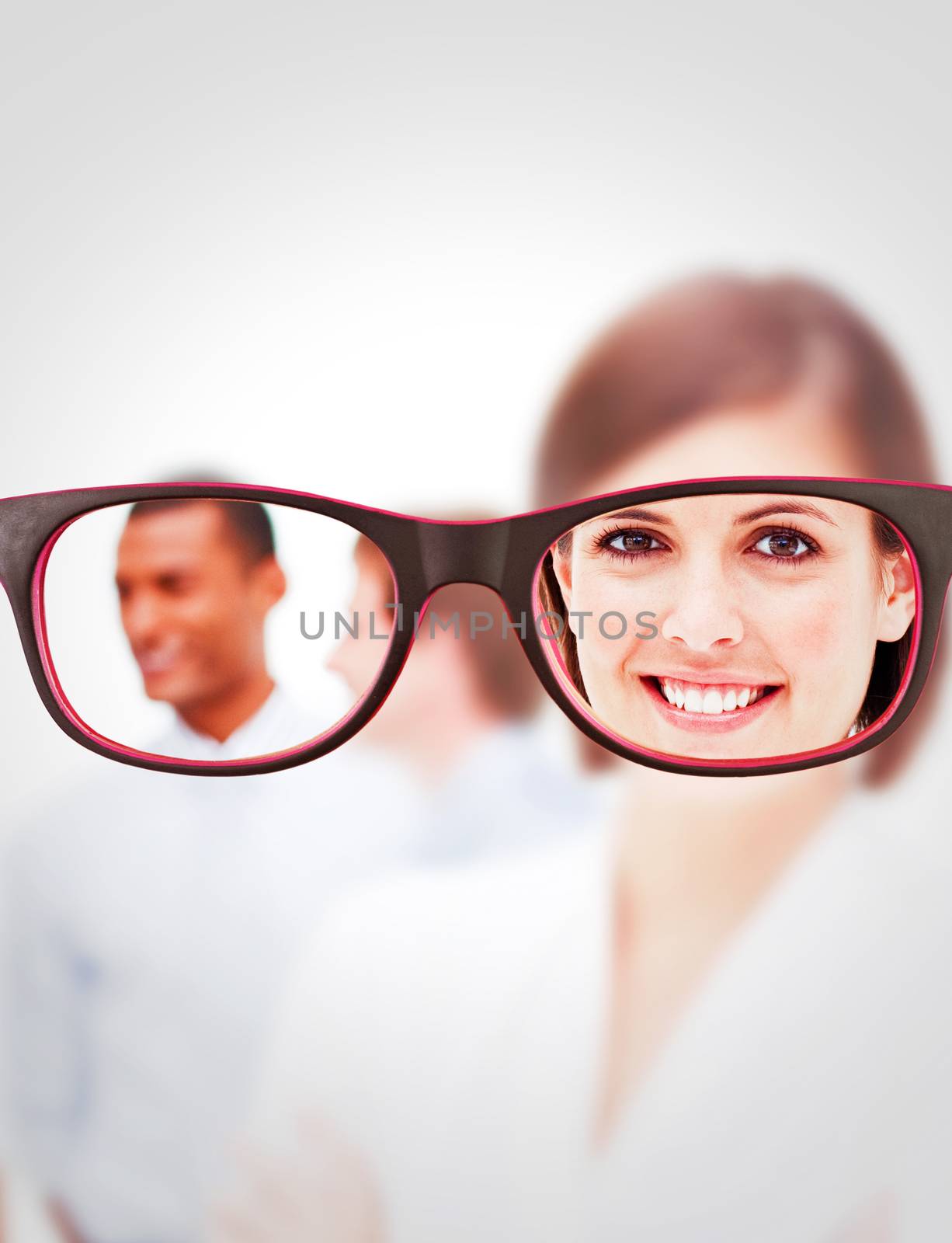 Glasses against confident manager in front of her team with folded arms